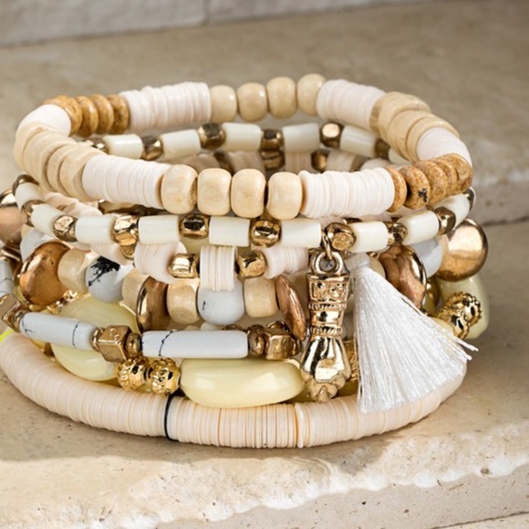 Jewelry - Multi Layer Ivory Charm Beaded Wood Metal Gold Bead Stretch Bracelet Set